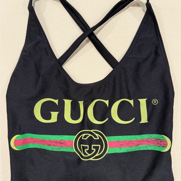 Gucci Black One-Piece Swimsuit with Neon Green Logo and Red-Green Stripe - Picture 4 of 11